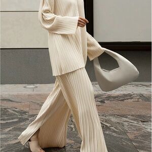 Cream Wide Leg Knit Pants with Ribbed Texture